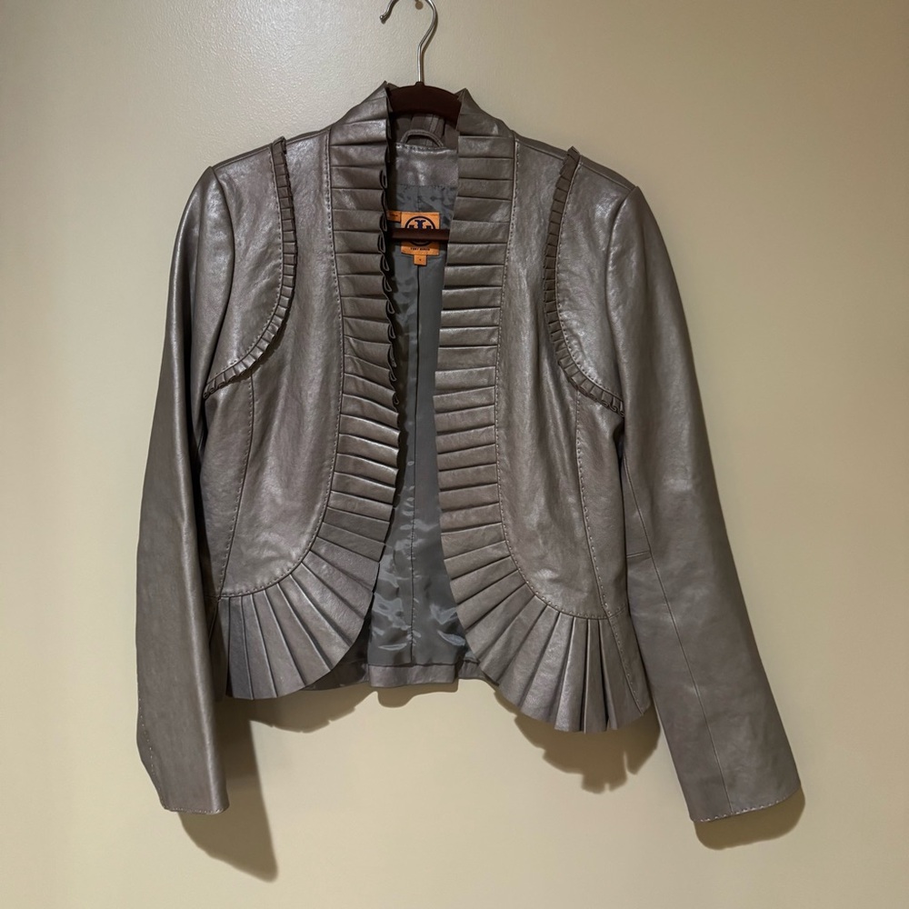 Tory Burch Gray Pleated Trim Leather Jacket